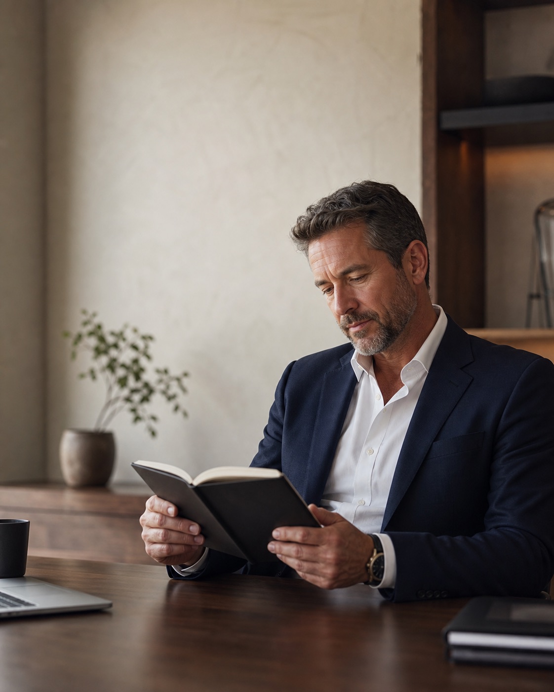 Business owner thoughtfully reviewing plans in a quiet office